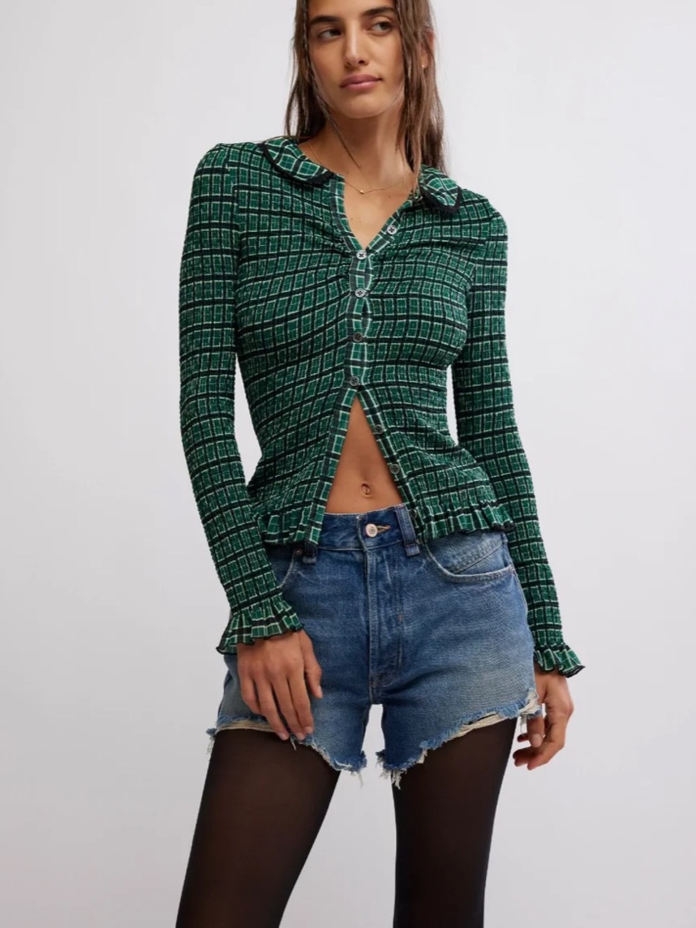 Free People Caught a Feeling Cardi Top Cardigan Green Plaid Small Boho Festival